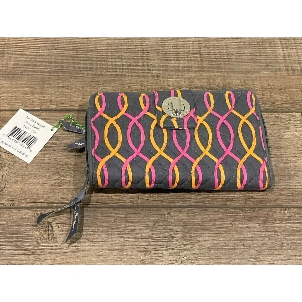 New Vera Bradley Jazzy Swirls Turnlock Wallet Retired NWT Pink Orange Gray - Picture 4 of 10